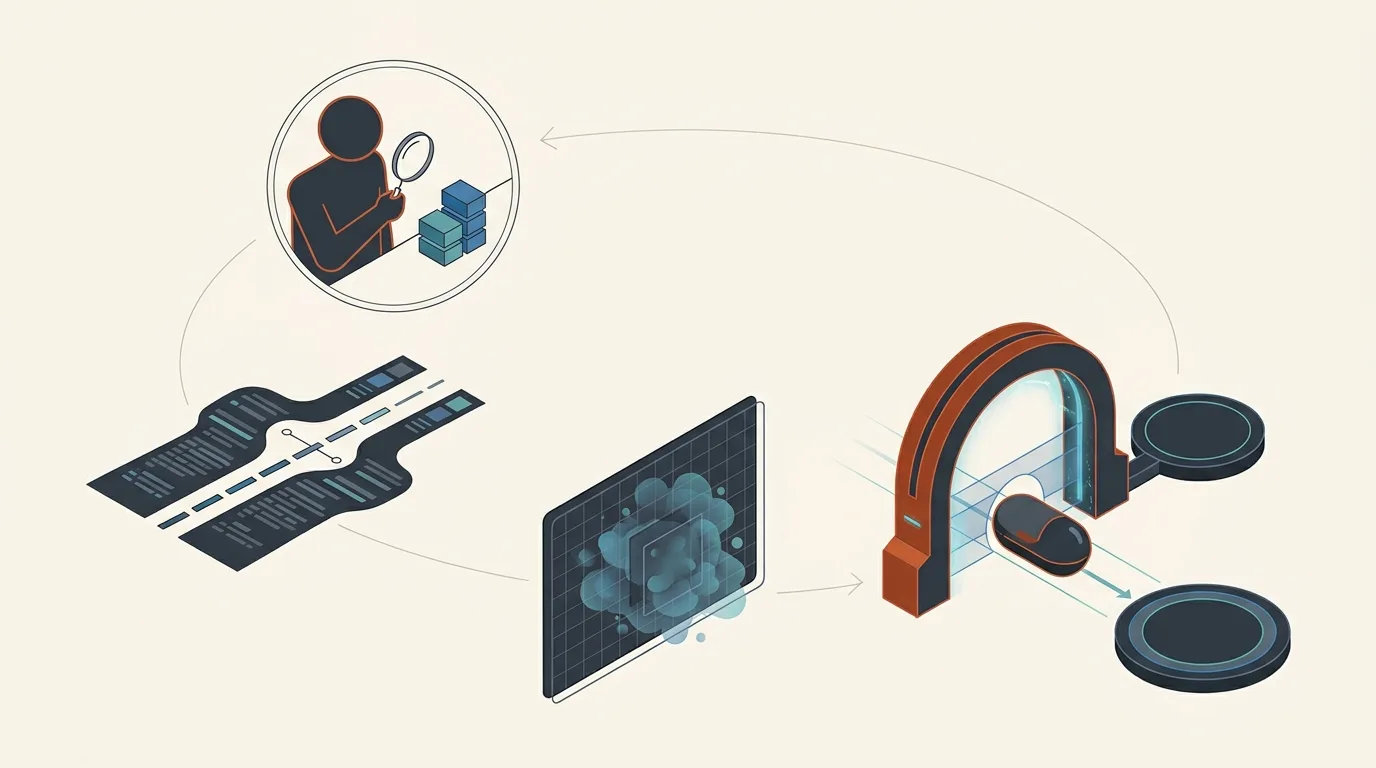An assistant inspects evidence, compares sources, explains uncertainty, and passes one action through a confirmation gate.
